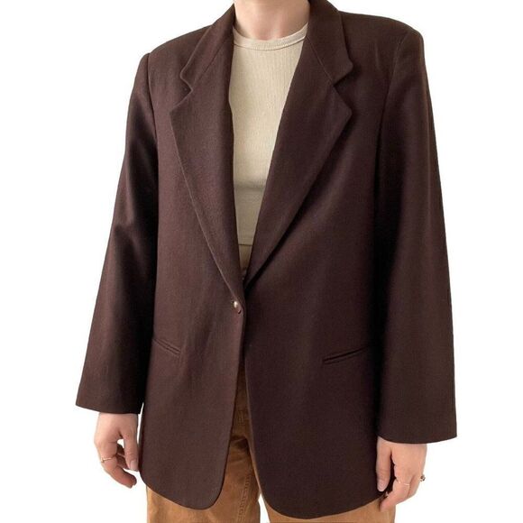 Vintage 80s Womens Brown Wool Oversized Preppy Dark Academia Blazer Sz L - Picture 8 of 10